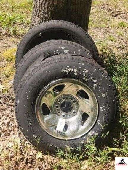 3 RIMS WITH TIRES- RADIAL LT2215/8T R16 - WORN - DAMAGED - RIMS ARE SAME - MITCHLEUM LP2 45/75R16 (WOODS) image