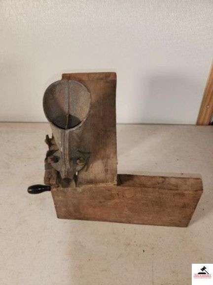 ROLLMAN MFG CO. MT JOY, PA USA CHERRY PITTER PRIMITIVE HOMEMADE STAND - RUSTY - BLACK & GREEN KNOBS - HOMEMADE FRAME IS ROUGH - (GARAGE) image