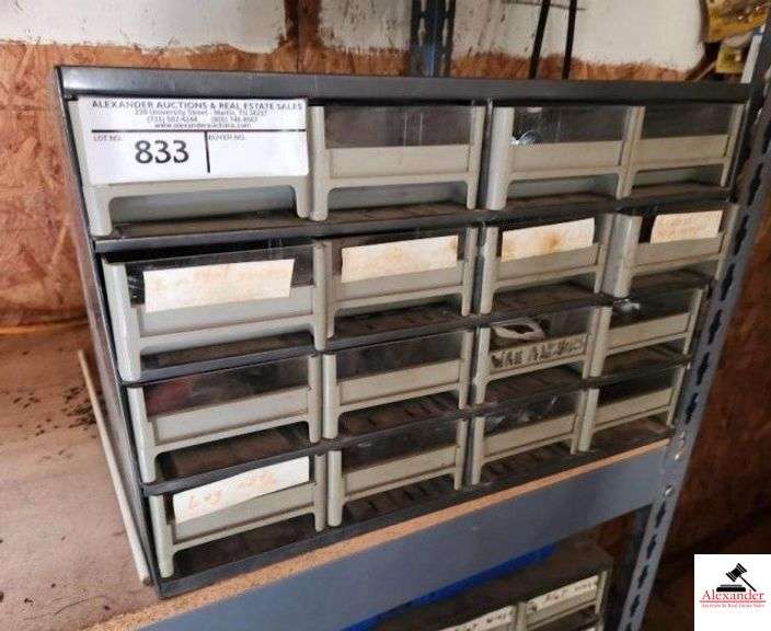 16 DRAWER SCREW CABINET - SHEETROCK GLASS BLUBS - SCREWS - WIRE CLAMPS - COTTER KEYS - ALAMITES - CHAIN REPAIR LINKS - WALL HANGERS - UNIVERISAL GROUND WIRE CLAMPS - NUG NUT COVERS - SPRINGS - NUMBER LETTER MARKERS,RUSTY  (ON SHELF #831) image