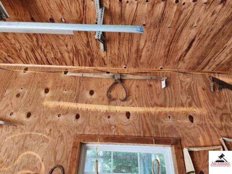 VINTAGE 2-MAN T HANDLE LOGGING CANT HOOK HANDLE IS SPLIT ON ONE - TONGS APPEAR TO BE IN GOOD CONDITION - MUST REMOVE FROM GARAGE WALL - (GARAGE) image
