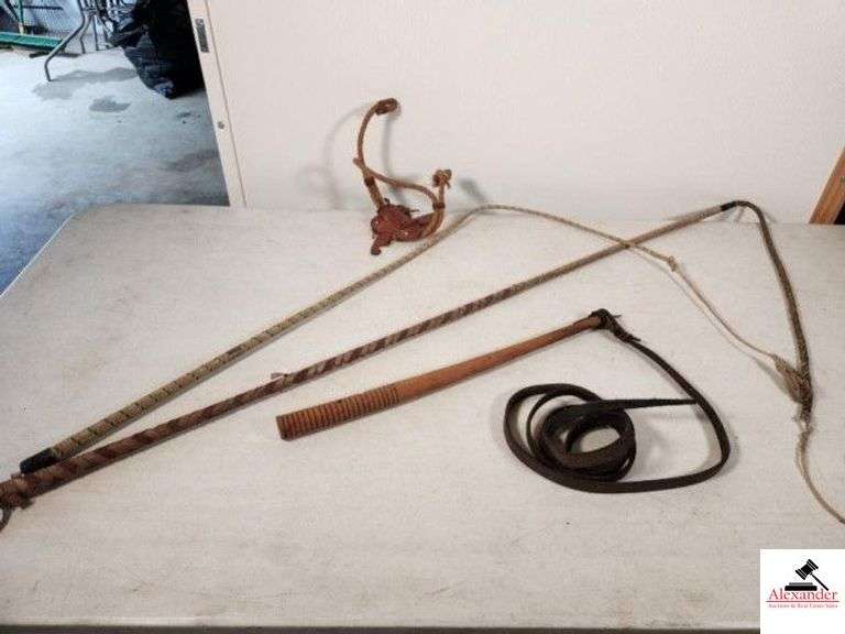COLLECTION OF STOCKMAN WHIPS LEATHER AND FABRICK, TURN BULLWHIP HANDLE WITH LEATHER LEAD REIGN ATTACHED - RAWHIDE WHIP THAT HAS BROKEN IN TWO - A DECREATIVE ROPE AND MINITURE LEATHER SADDLE - (GARAGE) image