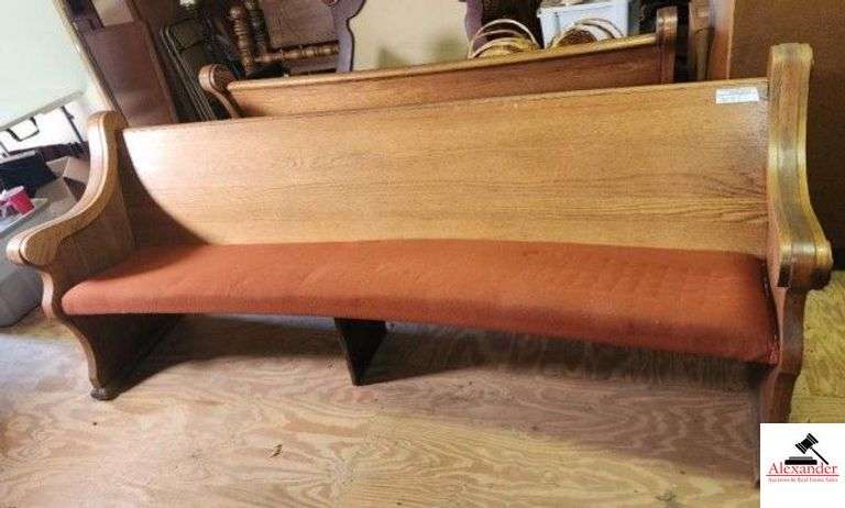 OAK CHURCH PEW - UPHOLSTERED SEATS -  89" LONG RED SEATS - FEW STAINS - WOOD IS GOOD - SHOWS SOME WEAR - (UPSTAIRS) image