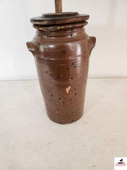 STONEWARE BUTTER CHURN - BROWN - TWO HANDLES - WOOD DASHER - LID DOES NOT FIT - 8" BASE - 16" TALL - SMALL CHIP ON SIDE - RIM HAS CHIP - (KITCHEN) image