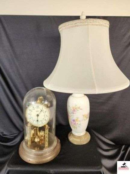 SCHATZ TABLE CLOCK - PLASTIC COVER - NEEDS REPAIR - CHINA LAMP WITH MILK GLASS SHADE - REGULAR SHADE - (BACK BEDROOM) image