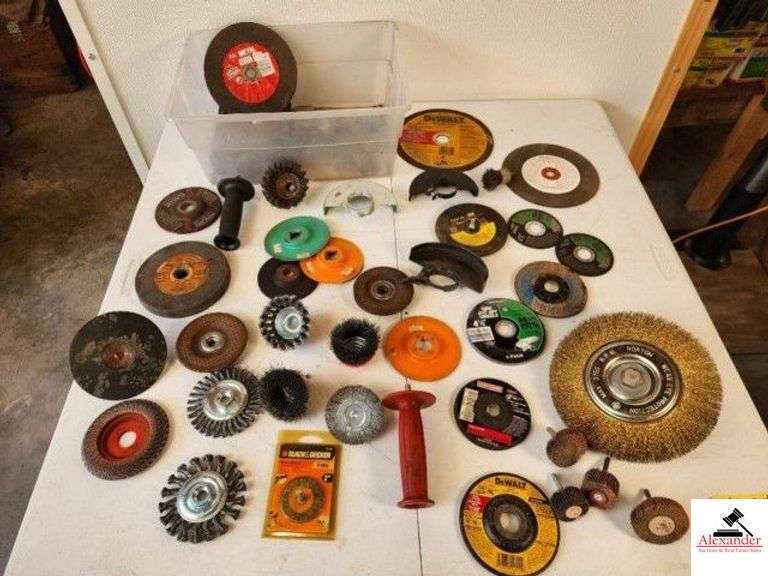 GRINDER CUTTING DISK WHEELS NEW AND USED - NORTON BRASS WIRE WHEEL - DEWALT - BLACK & DECKER - CRAFTSMAN - MISC SIZES AND TYPES - (TRAILER) image
