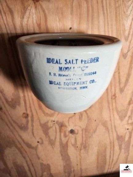 IDEAL SALT FEEDER MODEL "C" ADVERTISEMENT IRONSTONE - IDEAL EQUIPMENT CO. MORRISTON, MINN. - MUST BE REMOVED FROM WALL - (GARAGE) image