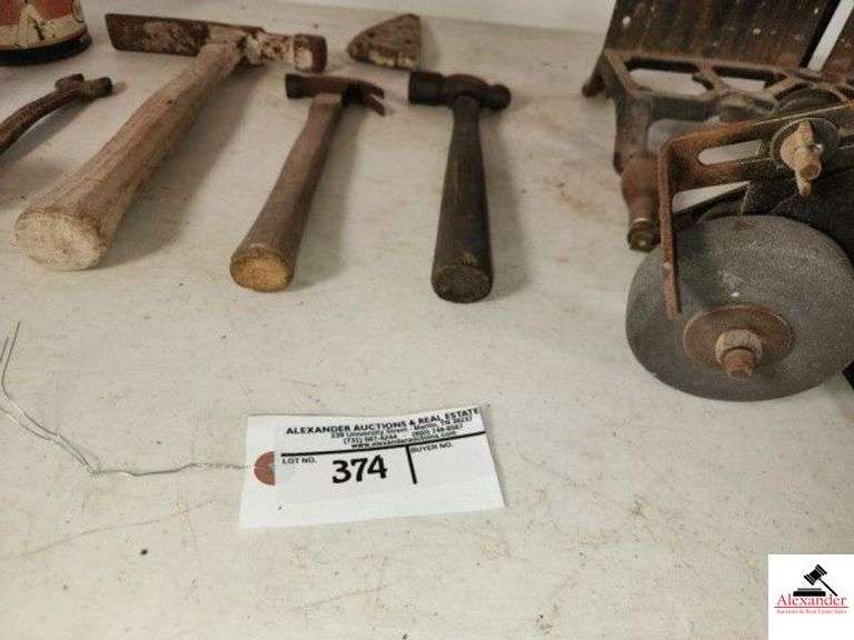 VINTAGE HAND CRANK GRINDER TABLE MODEL STANLEY #150 SAW SET MACHINE FOR SAW SHARPENERS - ANTIQUE WRENCH WITH SQUARE AND OPEN END MASONARY HAMMER - SMALL CLAW HAMMER - BALL HAMMER - ESSO FLIT SPRAYER - SHOWS SOME WEAR AND RUST - GATE HINGE - (GARAGE) image