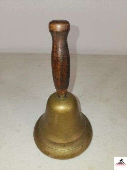 ANTIQUE BRASS SCHOOL BELL WITH WOOD HANDLE INITIALS INSIDE WITH CLAPPER - (BACK BEDROOM) image