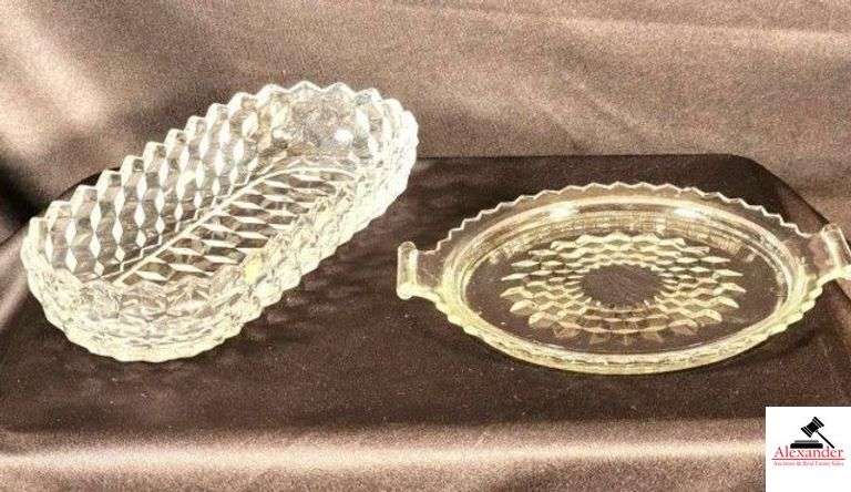 VINTAGE FOSTORIA  AMERICAN PATTERN CELERY DISH 10 1/4"  - VINTAGE 2 HANLDE CHEESE SNACK TRAY (7 1/4") SCALLOPED EDGE (HALL CHINA CABINET) image