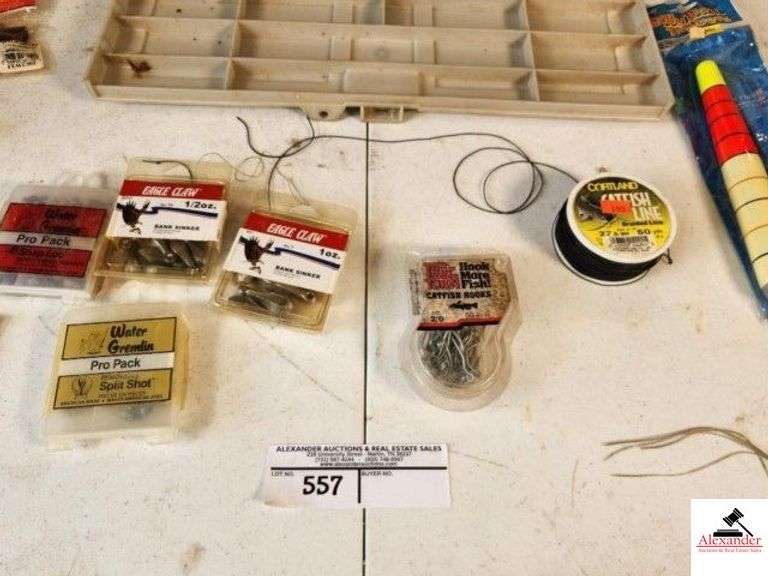 PLANO TACKLE BOX WITH FISHING TACKLE LEAD WEIGHTS - SNAP WEIGHTS - BANK SINKERS - SPLIT SHOTS - LINE - PLASTIC CORKS - HOOKS - ASSORTMENT OF ALL TYPE CORKS - SPINNERS - WORMS - BILLY BOY BOBBERS - BOBBER STOPS - GIGS - EAGLE CLAW WEIGHTS & HOOKS - (TRAILER) image
