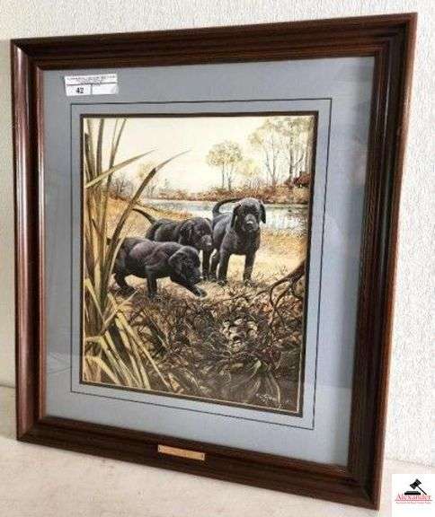 R.J. MCDONALD "MESS O' TROUBLE" FRAMED PRINT - 1266 / 1980 - CIRCA '87 - CERTIFICATE OF AUTHENTICITY - 3 LAB PUPPIES - (MASTER BEDROOM) image