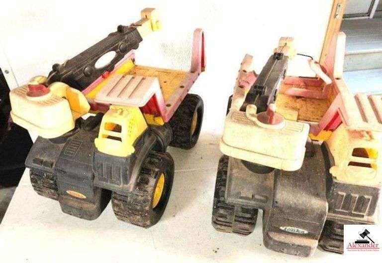 (2) LARGE PLASTIC TONKA TRUCKS W/BOOM ATTACHMENTS NEEDS CLEANED - PLASTIC ARMY PARTS - BLUE PLASTIC GRAVEL TRUCK - PLASTIC TRAILER (GARAGE) image