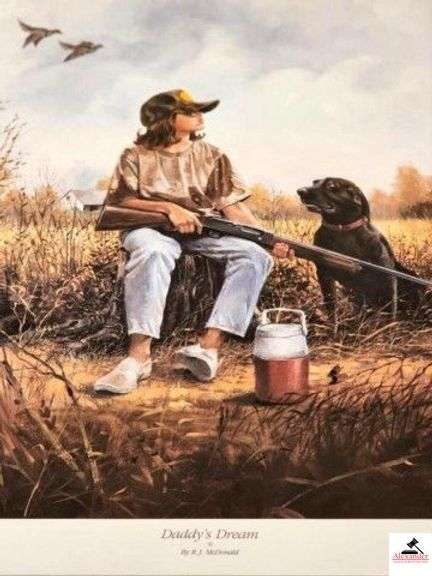 R.J. MCDONALD "DADDY'S DREAM" PRINT - 417 / 747 - CIRCA '92 - SIGNED - UNFRAMED - YOUNG KID WITH GUN AND A DOG - (MASTER BEDROOM) image