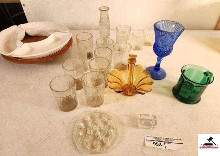 VINTAGE FOSTORIA GEORGE WASHINGTON COLBALT BLUE GOBLET - GREEN MUG - AMBER BASKET - CLEAR FLOWER FROG - (9) JUICE GLASSES - NEED CLEANING - (3) MISC PIECES - CHINA LAZY SUSAN - ONE BOWL HAS SMALL CHIP - GLASS SALT HOLDER - (GARAGE) image