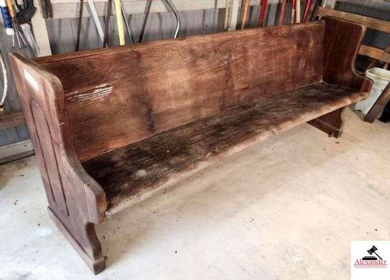 VINTAGE OAK CHURCH PEW - 83 1/2" LONG - DRY - NEEDS POLISHING - (SHED) image