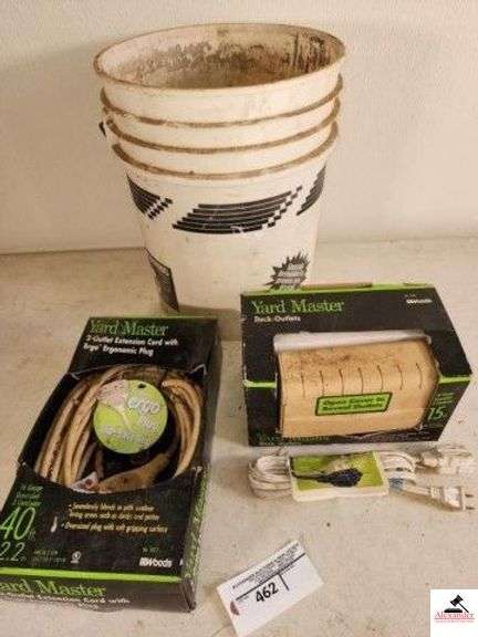 YARD MASTER 2-OUTLET EXTENSION CORD WITH ERGO ERGONOMIC PLUG WITH EASY GRIP - 16 GAUGE GROUNDED 3 CONDUCTOR - 40 FT. - YARD MASTER DECK OUTLETS - 3 OUTLETS WITH SLIDE SAFETY COVER - EXTENSION CORD - 5 GALLON BUCKET - (SHED) image