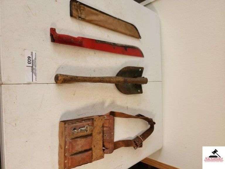 RED MACHETE GREEN CLOTH SHEET - VINTAGE DIGGING SHOVEL - LEATHER TOOL BAG (SHOP) image