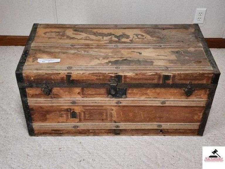 VINTAGE STEAMER STYLE TRUNK - FLAT TOP - 3 FT X 17" TALL - COVER WORN - METAL RIMS AND HANDLES - (BACK BEDROOM) image