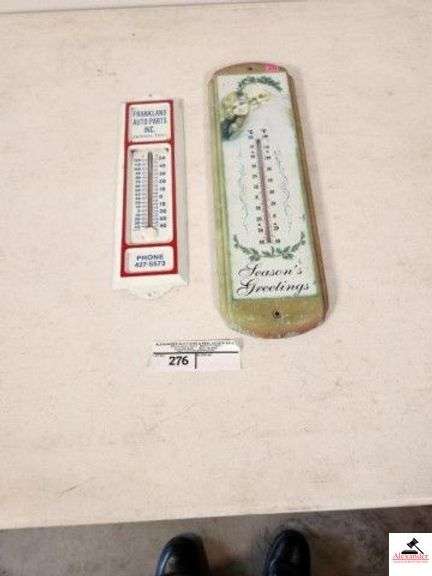 FRANKLAND AUTO PARTS, INC TIN THERMOMETER SEASON'S GREETINGS THERMOMETER WITH SANTA AND GIRL - SHOWS WEAR - (GARAGE) image