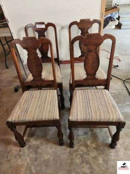 (4) DEPRESSION ERA STYLE DINING CHAIRS - WOOD BASE - TIGHT BACKS - TURNED LEGS - UPHOLSTERY SEAT - (GARAGE) image