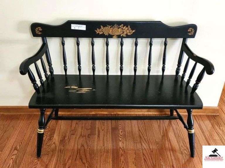 HITCHCOCK STYLE BENCH - PAINTED BLACK WITH GOLD DESIGN - SOME PAINT WORN ON SEAT - (2) CUSHIONS - (LR) image
