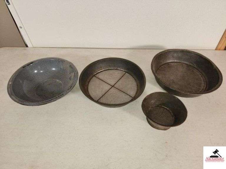 GRAY ENAMAL WASH BOWL - SOME DAMAGE - TIN SIFTER - SHOWS WEAR - (2) SIFTERS - LARGE AND SMALL - (SIDE BEDROOM) image