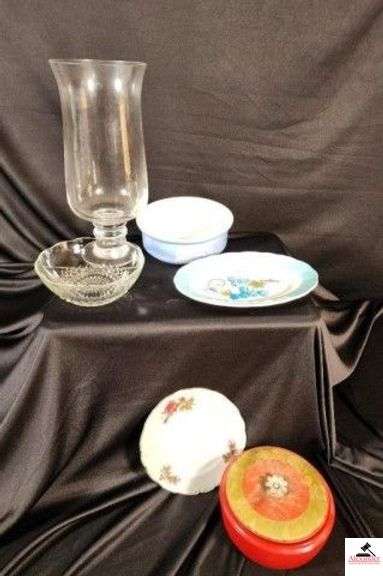 DIVIDED SERVING BOWL - DRESSER PIECE (TOP DAMAGED) HEAVY VASE - ELELEGANT EXPRESSIONS GLASSVHURRICANE VASE - CAMEOWARE BOWL - PAINTED SAUCER  - IRONSTONE CARONA HAND PAINTED FLOWER (HALL) image