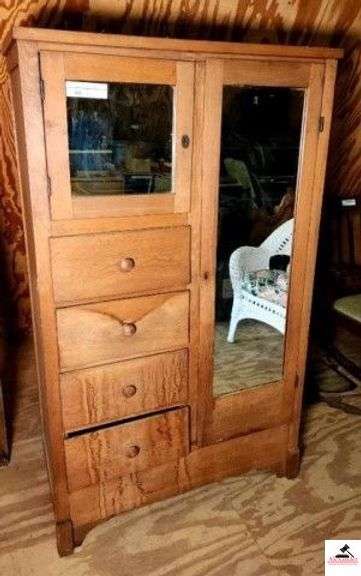 MAPLE CHIFFAROBE - GLASS DOOR - HAT STORAGE 4 DRAWERS 37 1/2" WIDE X 16" DEEP X 71 1/4" TALL - WOOD ON SIDE IS BEVELLED - PRETTY GOOD CONDITION FOR AGE -  4 DRAWERS - SMALL DOOR WITH MIRROW - LARGE DOOR WITH MIRROR MISSING KNOB - SHOWS WEAR - GOOD CONDITION FOR AGE - (UPSTAIRS) image