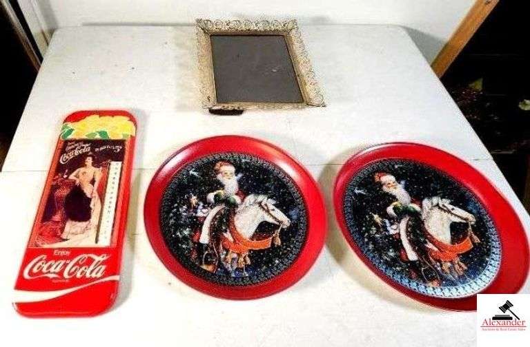 COCA-COLA TRADEMARK THERMOMETER - "DRINK CARBONATED COCA-COLA IN BOTTLES 5 CENTS" - (2) PAINTED CHRISTMAS TRAYS - DECRATIVE PICTURE FRAME - (UPSTAIRS) image