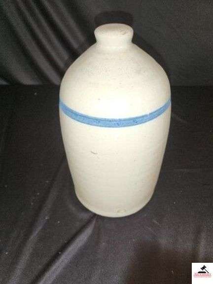 VINTAGE STONEWARE CHICKEN WATERS - WHITE W/ BLUE RING- 6" BASE - 11" TALL - OPEN BOTTOM - SMALL HOLE ON SIDE - (LR) image