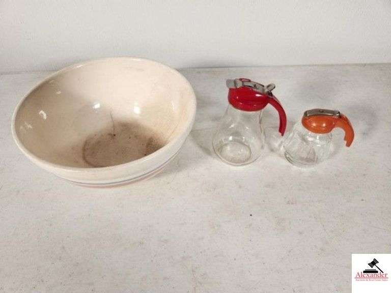 VINTAGE RING VEGTABLE BOWL - RED TOP SYRUP JAR - FEDERAL TOOL CORP ORANGE TOP SYRUP JAR - SMALL USA MIXING BOWL - SMALL PECK ON TOP - (GARAGE) image