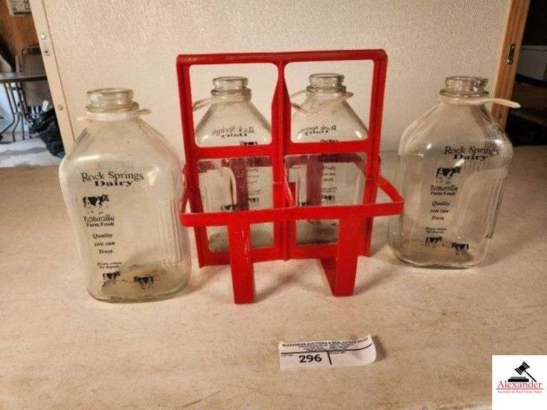 (4) MILK JARS 64OZ. ROCK SPRINGS DAIRY W/ CARRIER "NATURALLY FARM FRESH" , "QUALITY YOU CAN TRUST" - (GARAGE) image