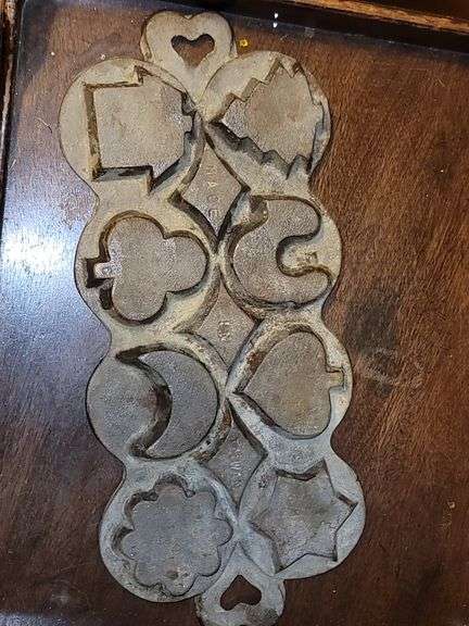 Vintage Cast Iron Cookie Baking Molds with Heart, Christmas Tree, Rooster, Moon, Star, House, and more.