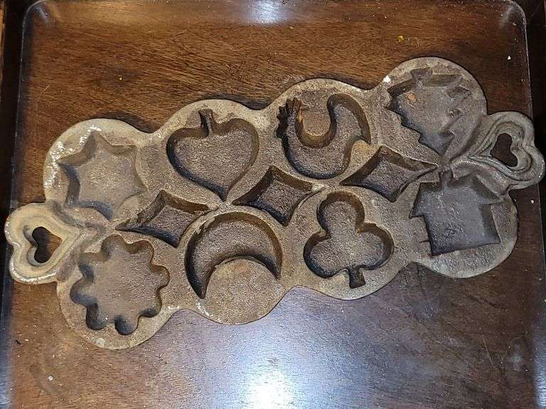 Vintage Cast Iron Cookie Baking Molds with Heart, Christmas Tree, Rooster, Moon, Star, House, and more. image