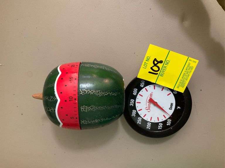 Vintage watermelon timer and oven temp guage Walker Auctions LLC