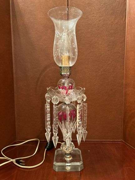 Exquisite hand blown red and clear crystal chandelier-style lamp…..33” tall