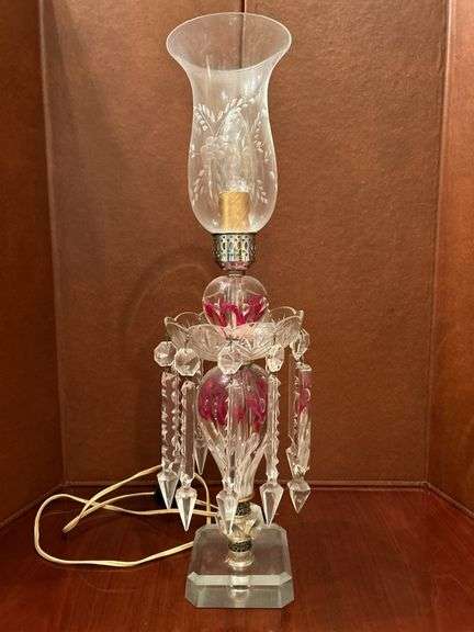 Exquisite hand blown red and clear crystal chandelier-style lamp…..33” tall