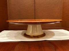 Emile Henry France (6180) high glaze ceramic pedestal cake plate with scalloped inner design
