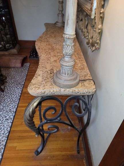 Console table, metal base most likely imitation marble top, 35.5" X 66" X 19.5"