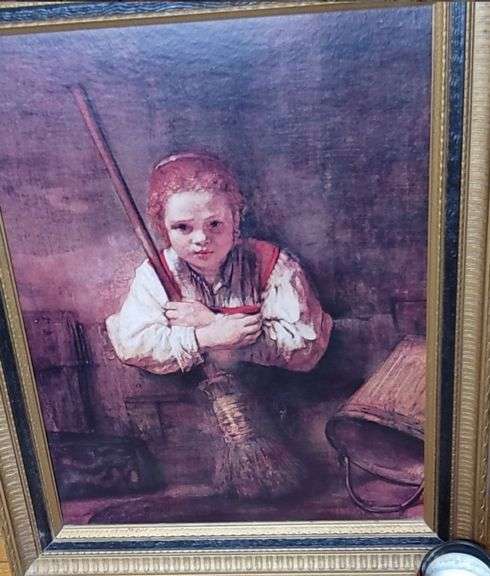 Rembrandt "Girl with Broom" board print reproduction framed, 29" X 23"