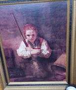 Rembrandt "Girl with Broom" board print reproduction framed, 29" X 23"