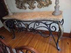 Console table, metal base most likely imitation marble top, 35.5" X 66" X 19.5"