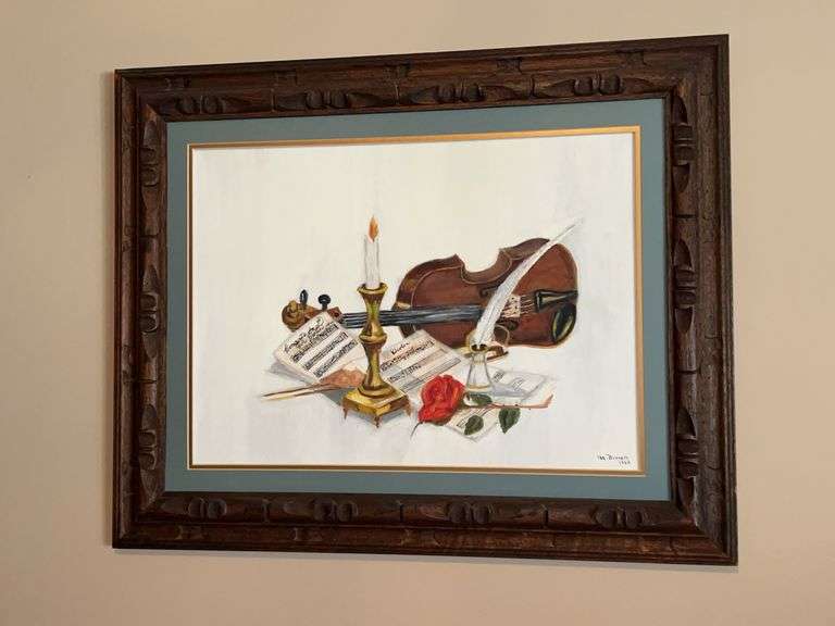 Signed Ina Burnett (1969) still musical oil on canvas print depicting violin, rose, quill pen, sheet music and candle…..31 x 25 image