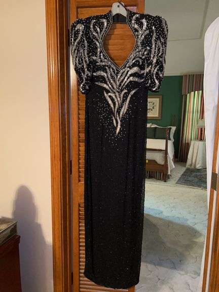Stunning ALYCE DEDIGNS 100% silk black heavily beaded and sequined formal dress with open back design…..size 12…..would be perfect for the upcoming formal holiday parties image