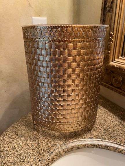 Gold Metal Trash Can with Weaving Design image