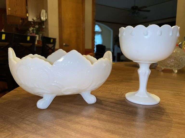 Vintage Indiana Glass Oval Footed Milk Glass Bowl and Vintage Indiana Glass Teardrop Compote image