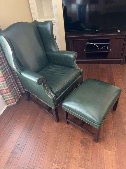 Green leather wingback chair with ottoman image