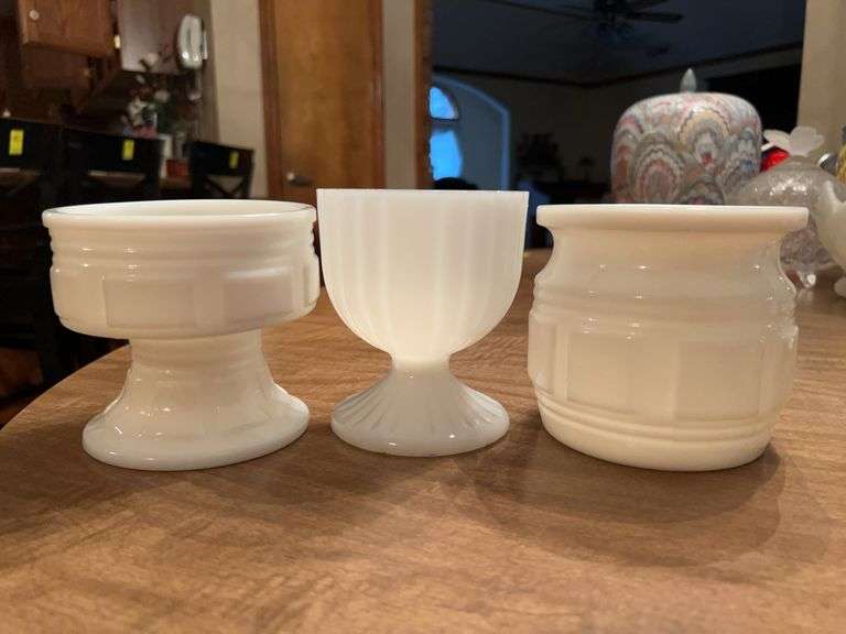 (2) vintage Randall Milk Glass square pattern design vases and (1) ribbed milk glass goblets-style vase/candy dish image