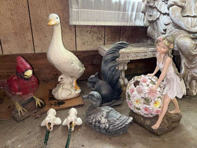 Grouping of decorative yard art…..ITEMS IN BACKGROUND NOT INCLUDED….cardinal is painted concrete and others are ceramic and resin image