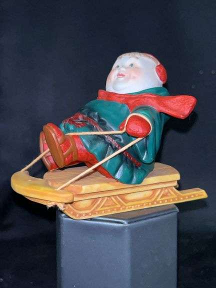 Dept. 56 porcelain Merry Makers Monks “Thaddeus the Tobogganist”…..5” long , 3-3/4” tall and in original box